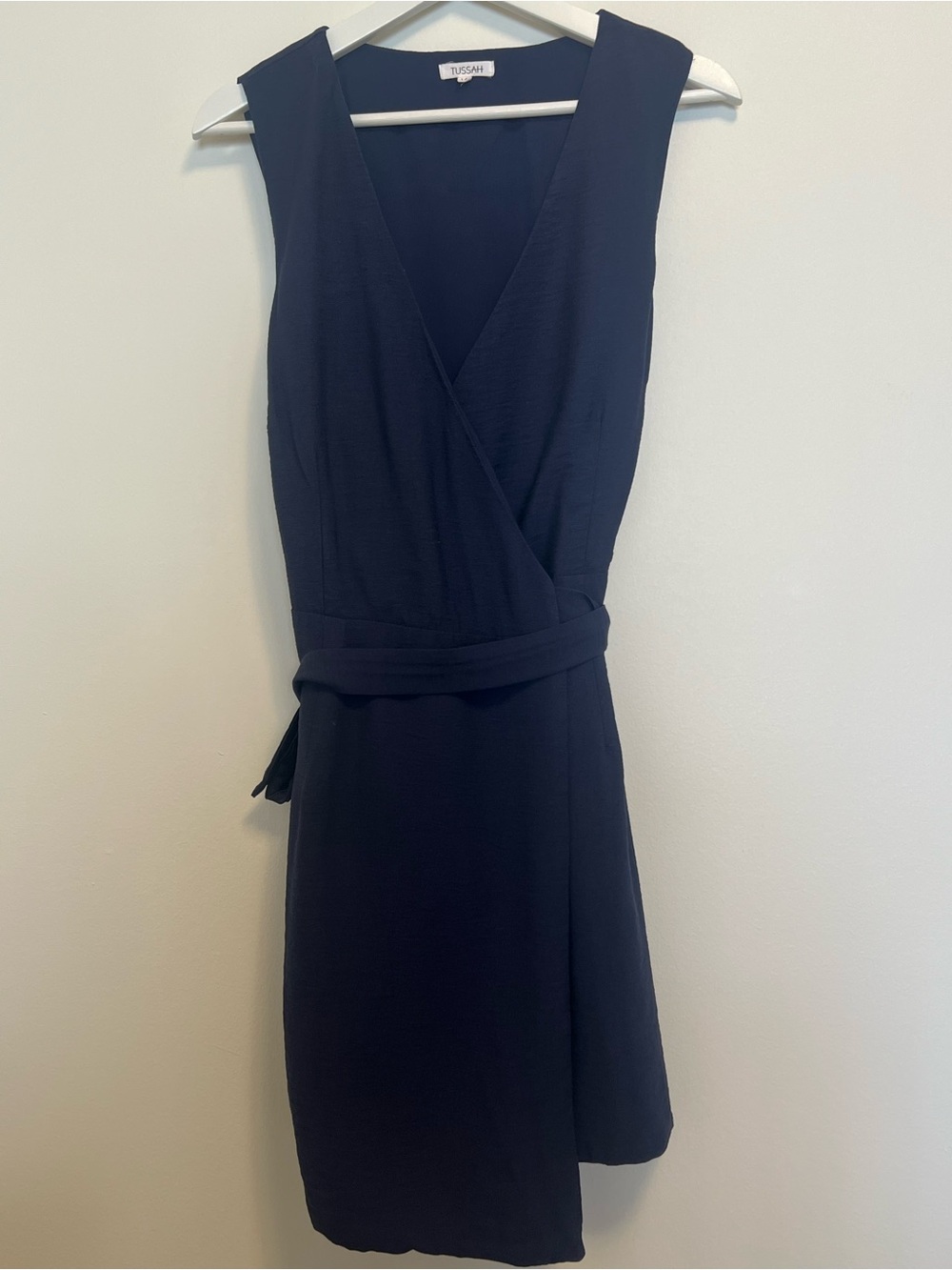 Navy Wrap Midi Dress with Self-Tie Waist
